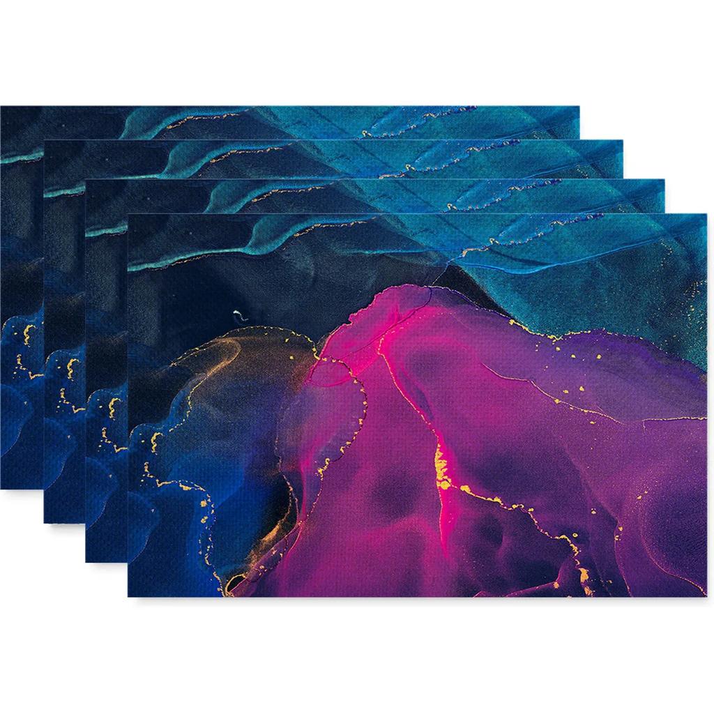 Anti Fouling and Heat-insulating Table Mat 4PC Placemat Watercolor Marble Printed Fabric Linen Placemat  Western Style Placemat