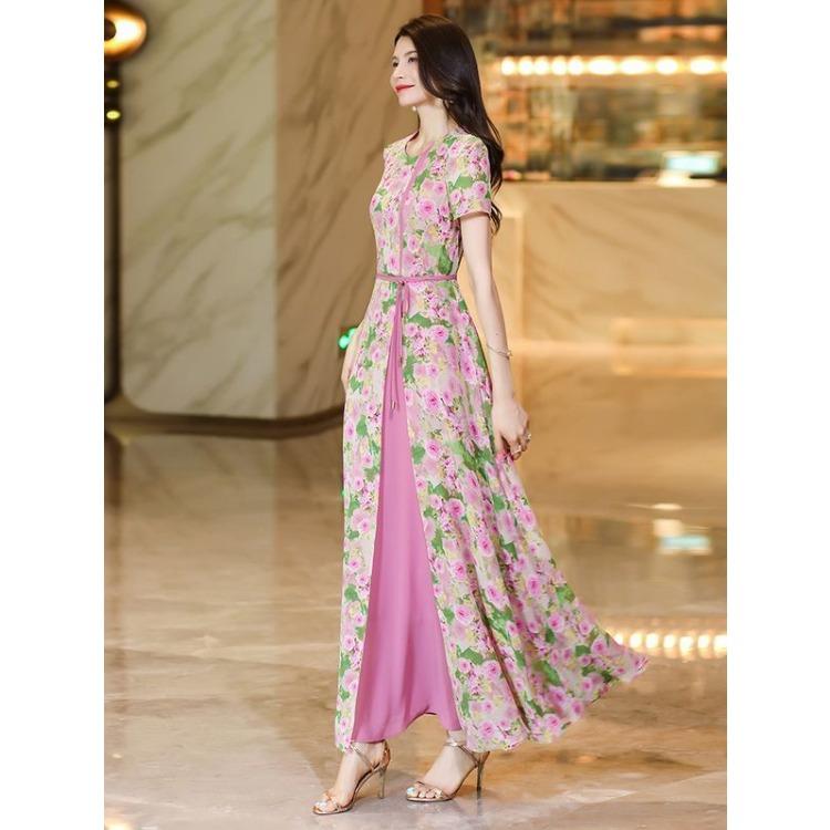 High End Summer Dress Women Flowy Chiffon Fake Two Piece Long Dress Slim Fit Floral Print