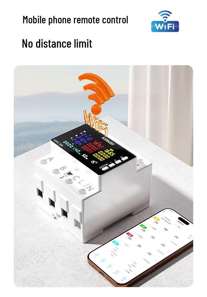Graffiti WiFi Multifunction DIN Rail Meter with Over/Undervoltage & Phase Loss Protection.
