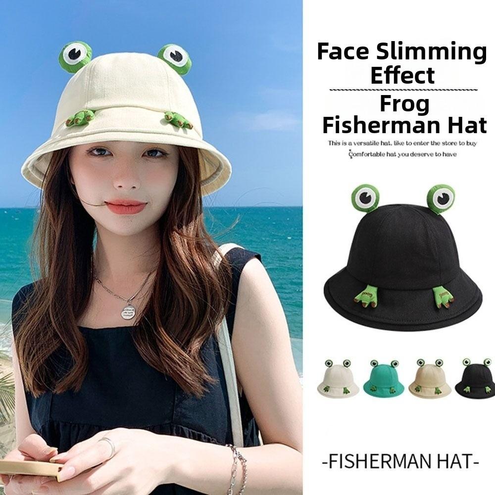 Breathable Sun Cap Big Brim Women Bucket Hat Cute Frog Fisherman Hat Summer