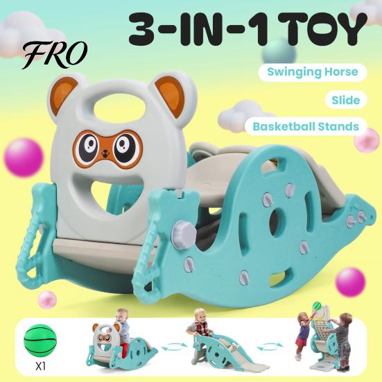 Combination Slide 4-in-1 Kids Rocking Toy, Portable for Children, Horse Long with Basketball Hoop, Convertible Freestanding Age 1-6 Boys And