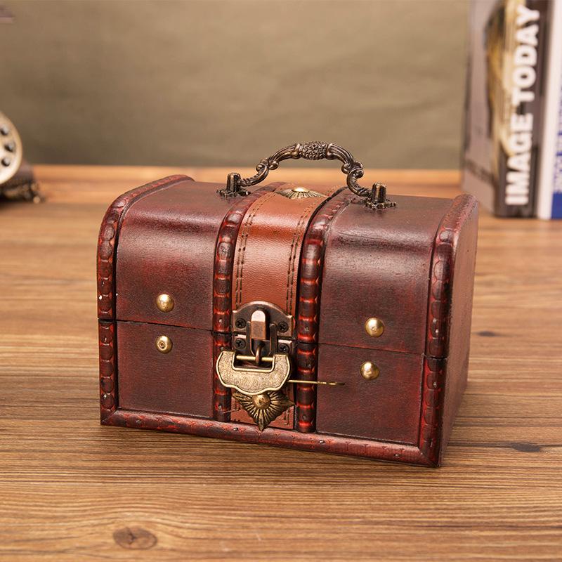Antique-Style Distressed Wooden Jewelry Box with Lock – Secret Storage Treasure Chest Prop