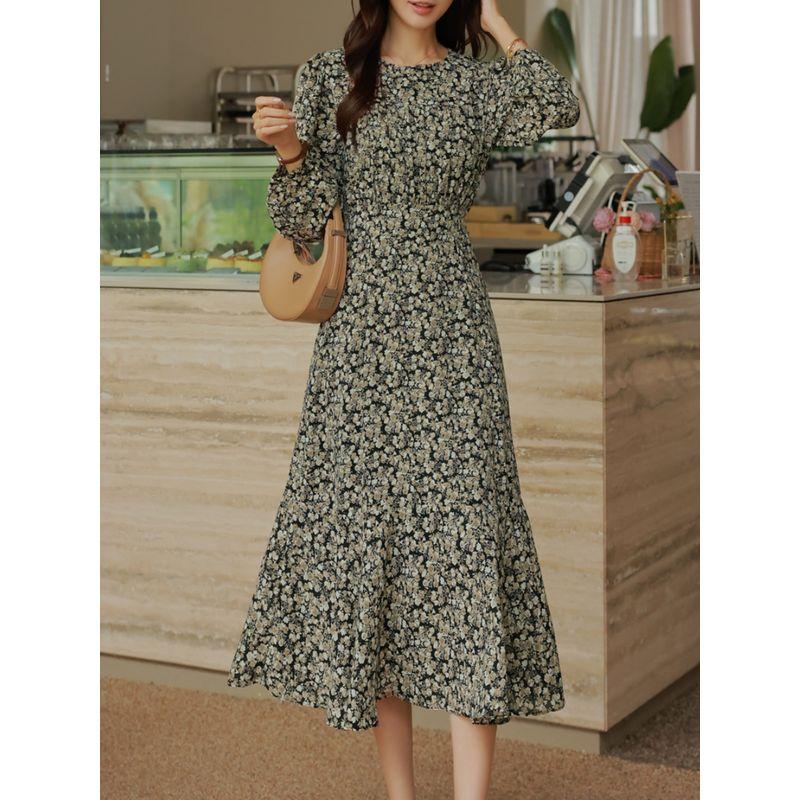 Sweet Plus Size Women's Clothing K-style Spring and Autumn Round Neck Small Floral Flounce Mid Length Long Length Long Sleeves Dress Trendy L-4XL