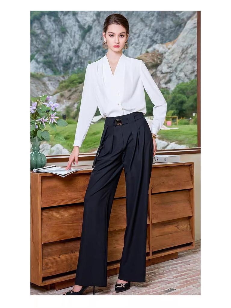 Stylish Long-Sleeve French White Top with Wide-Leg Pants Two-Piece Set for Women