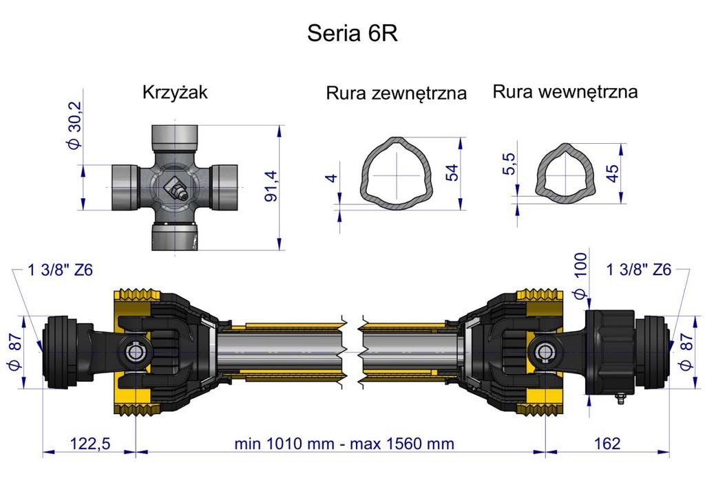 Wał Przegubowo-Teleskopowy 1010-1560Mm 830Nm Sprzęgło Jednokierunkowe Ce 2020 Seria 6R Waryński