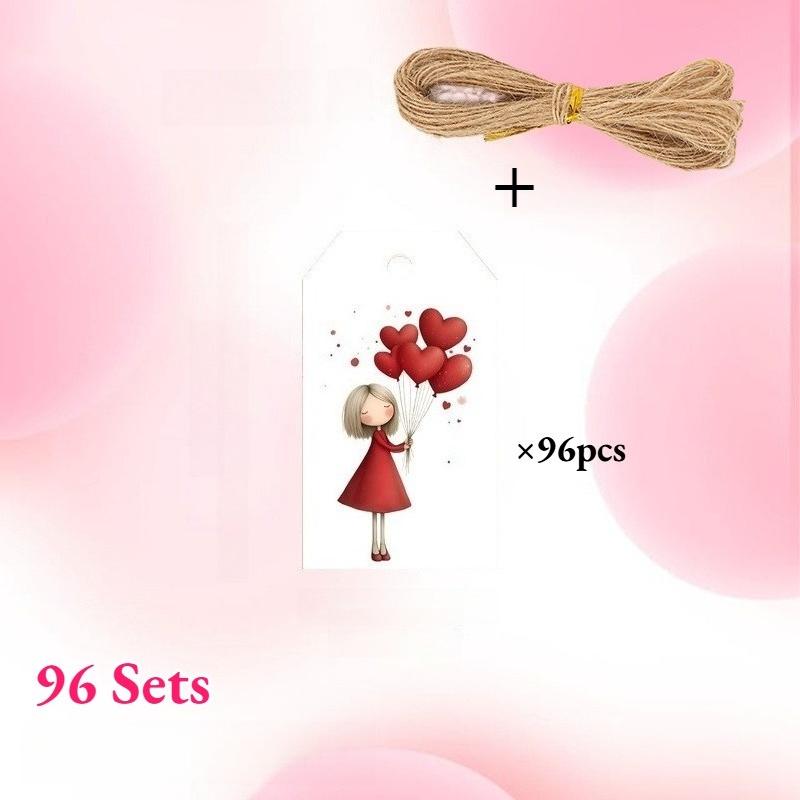 

96/240pcs Valentine S Day Gift Tags with Jute Rope Charming Cartoon Girl with Balloons for Weddings and Love Celebrations Decor 4x7CM