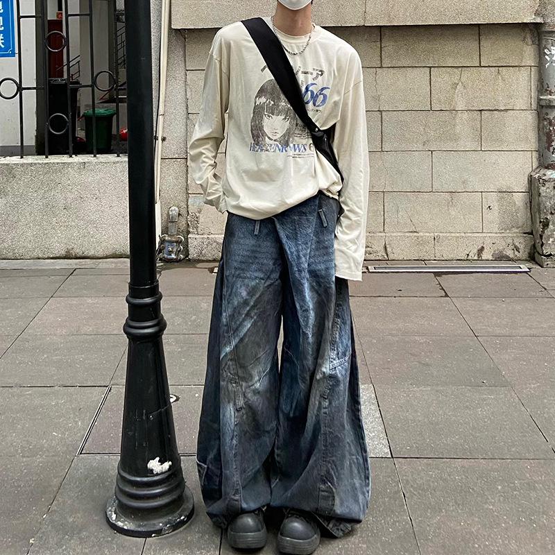 

Джинсы унисекс винтажной стирки с широкими штанинами и поясом, перевернутым наизнанку S синий