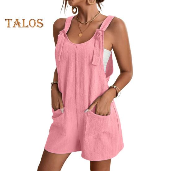 Macacão Feminino Sem Mangas Verão Casual Macacão Curto Solto de Algodão com Bolsos Roupas de Praia para Viagem Férias