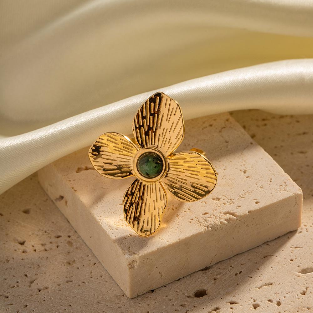 

French Court Matte Four-Petal Flower Turquoise Open Ring