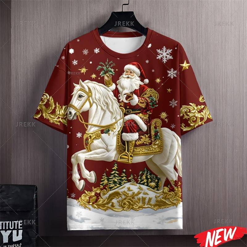Merry Christmas Santa Claus Pattern T Shirt Men 3d Printing Xmas T-shirt Crew Neck Short Sleeve Horse New Year Women Tee Shirts
