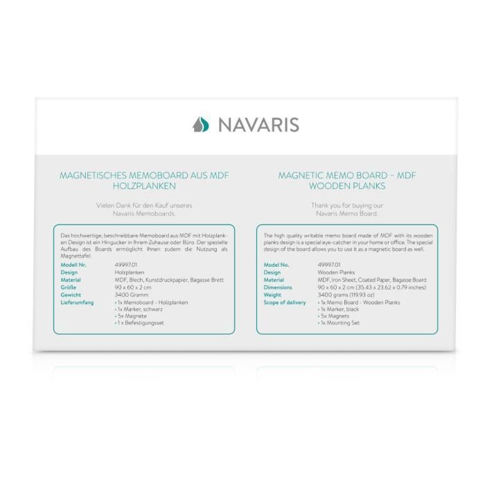 Tableau magnétique - navaris - 90 x 60 cm - bois - inscription et effaçable - 5 aimants inclus