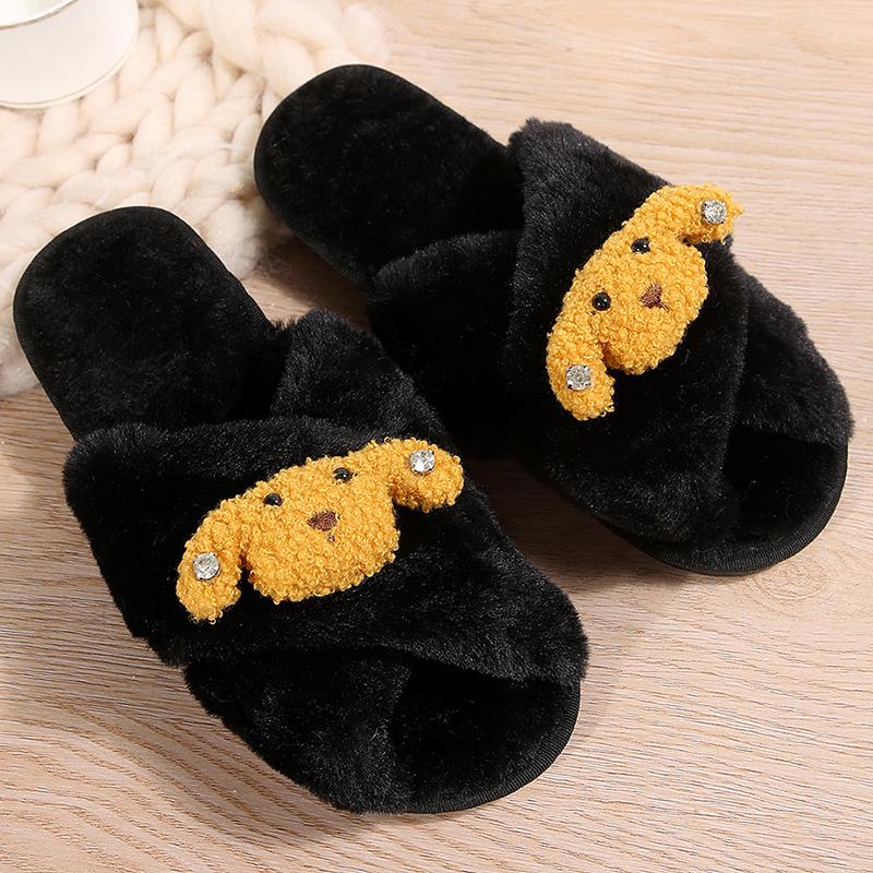 

Fashion Cartoon Little Dogs Plush Slippers Women Cross Strap Open Toe Fur Slippers Woman Faux Fur Flat Heel Cotton Slides Female 36-37 чёрный