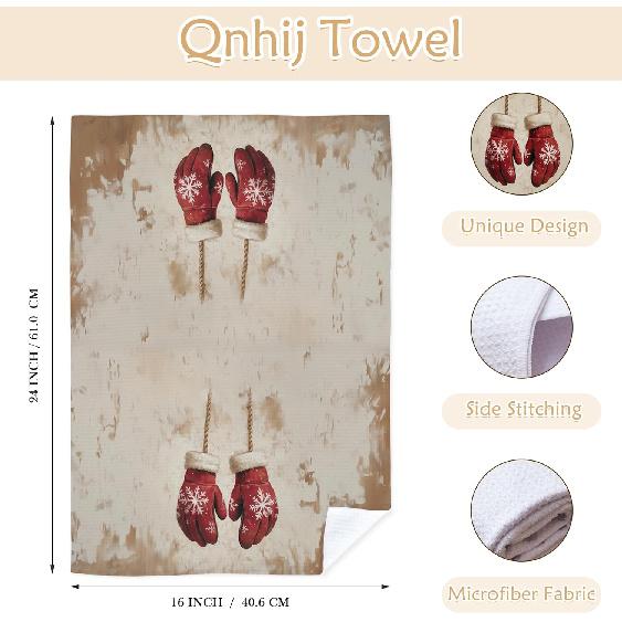 Rustic Christmas Mittens Kitchen Towels, Winter Xmas Holiday Dish Tea Towels for Kitchen Decor, Vintage Christmas Snowflake Mittens Decorative Hand