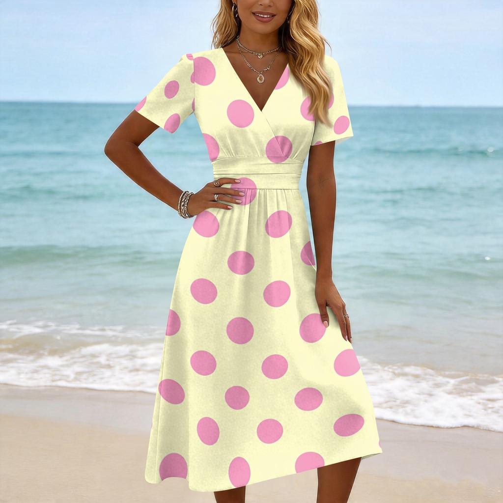 Women's Casual V Neck Short Sleeve Polka Dot Print Dress Midi Length Elastic Waist Summer Dress for Daily Wear