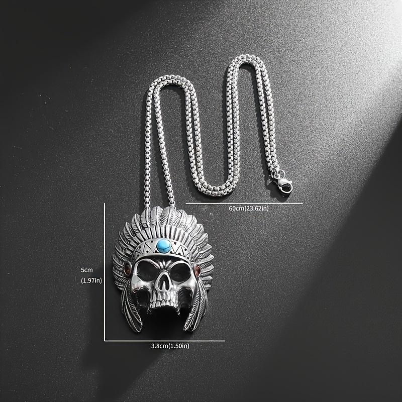 Neue kreative und personalisierte Halskette mit Anhänger aus Gothic-Totenkopf mit Feder und Indianerhäuptling, Geisterkopf-Halskette für Herren, Motorrad-Punkrock-Schmuck