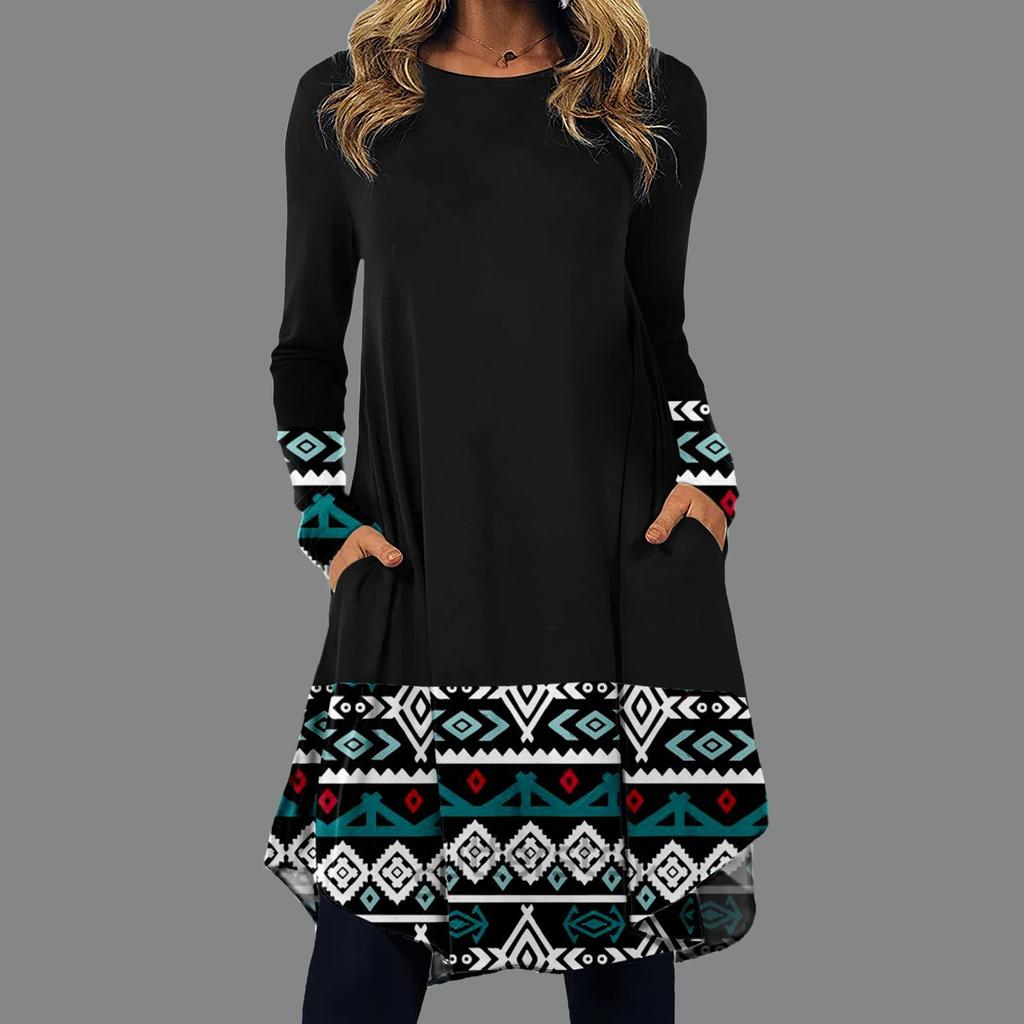Women's Fashion Casual Printed Round Neck Pullover Loose Long Sleeve Dress