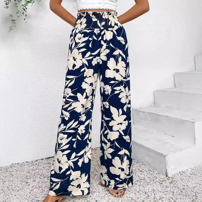 Damen Blaue Weite Hose mit Hohem Bund und Blumendruck