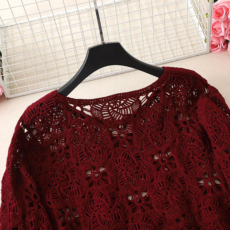 Women's Korean Style Red Sheer Knit Sweater with Hollow Design – Long Sleeve Round Neck, Autumn/Winter 2024