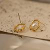 18K Gold Plated Hollow Titanium Steel Stud Earrings with Freshwater Pearl Inlay - Simple and Versatile Design