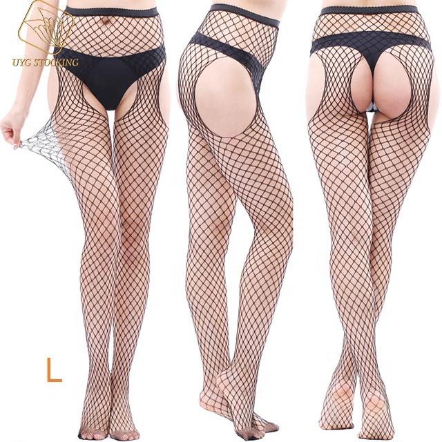 UYW Open Crotch On All Sides Fishnet Stockings Womens High Waist Tights Sexy Sheer Mesh Pantyhose