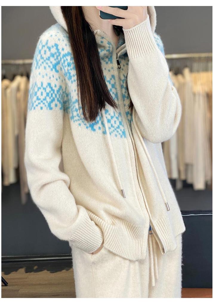 Women's Fair Isle Wool Knit Hooded Cardigan - Double Zipper, Korean Style, Autumn/Winter