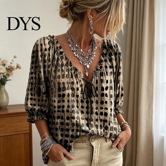Dreiviertel Puffärmel Oberteil Damen Sommer Lässig Hemd, V-Ausschnitt Schnürung 3/4 Bluse, Kariert Boho Locker Bluse Druck Fließende Oberteile, Leicht Atmungsaktiv