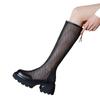 Summer long tube boots women new black mesh thick heel hollowed out boots Elegant minimalist height increasing women's shoes