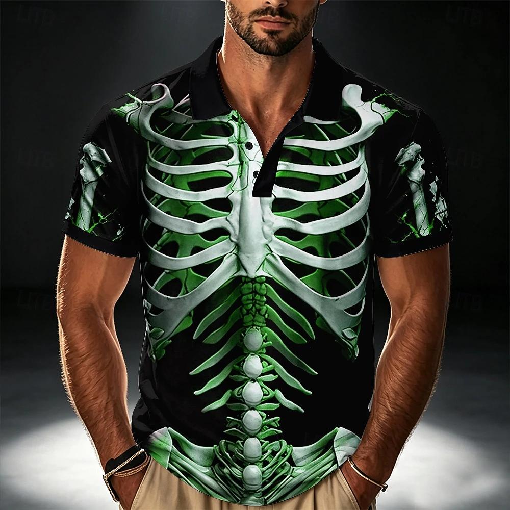 Men Halloween Skeleton 3D Printed Short‑Sleeve Collared Polo Shirt Buttons Casual Athleisure Spring Summer Daily Festival Outfit
