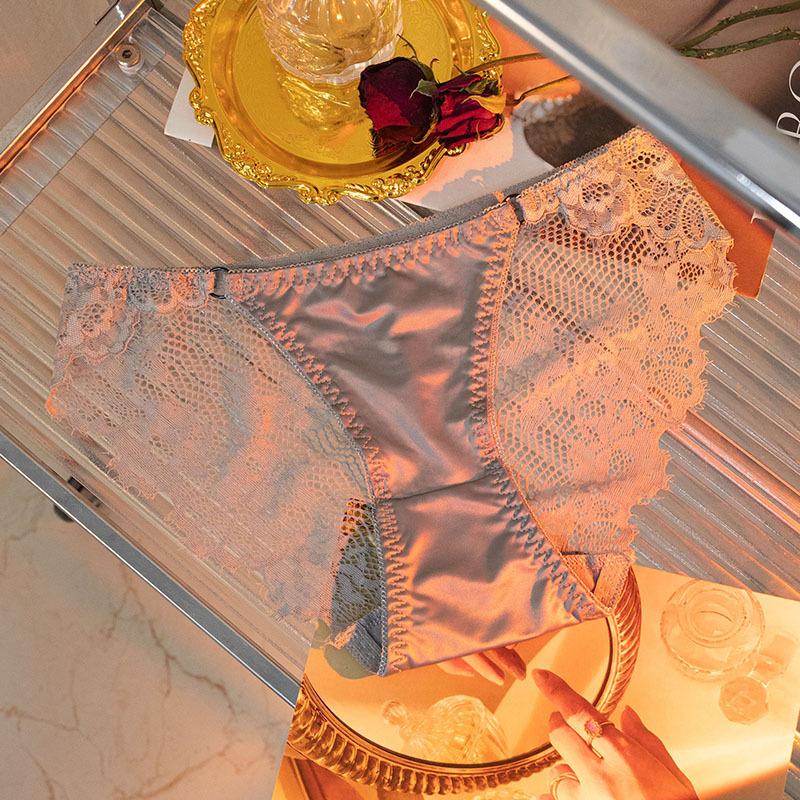 Luxury Satin Lace Panties Women Metal Hollow Out Transparent Mesh Seductive Triangle Underwear Comfort Fit Elegant Design