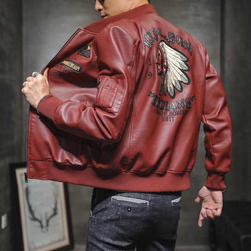 Giacca da uomo in pelle PU con colletto baseball, ricamata, abbigliamento locomotive, giacca in pelle casual da uomo per primavera e autunno