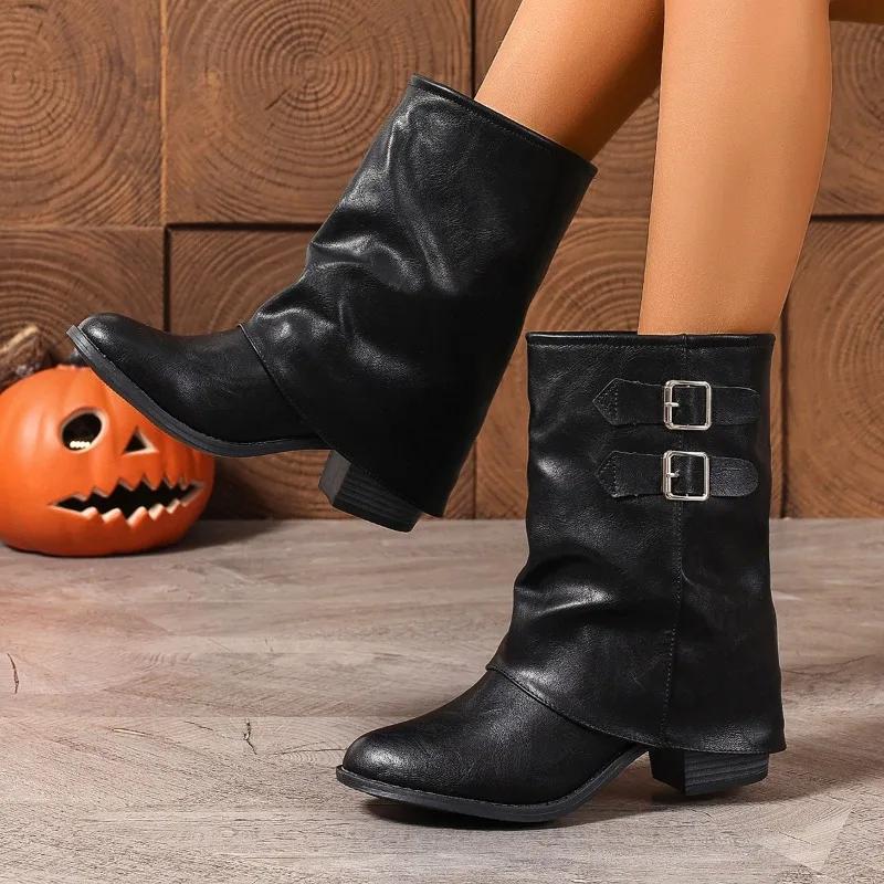 Buckles Trouser Boots for Women 2025 New Autumn Winter Chunky Heels Ankle Boots Punk Cool Comfy Combat Retro Style Ladies Shoes