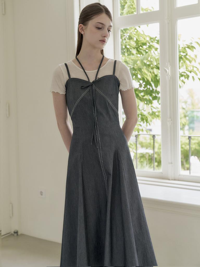 Peulomdeimomeonteu Ribbon Strap Denim Bustier Dress _Grey