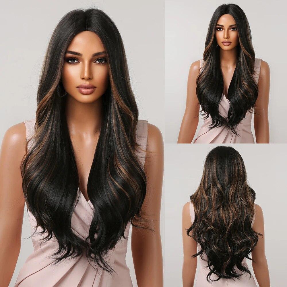 Long Water Wave Synthetic Wigs with Bangs Natural Ginger Brown Loose Curly Wavy Wig for Black White Women Heat Resistant Daily