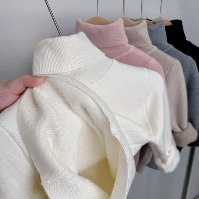 Girls Thick Fleece Lined High Neck Knitted Sweater Kids Winter Warm Bottoming Top