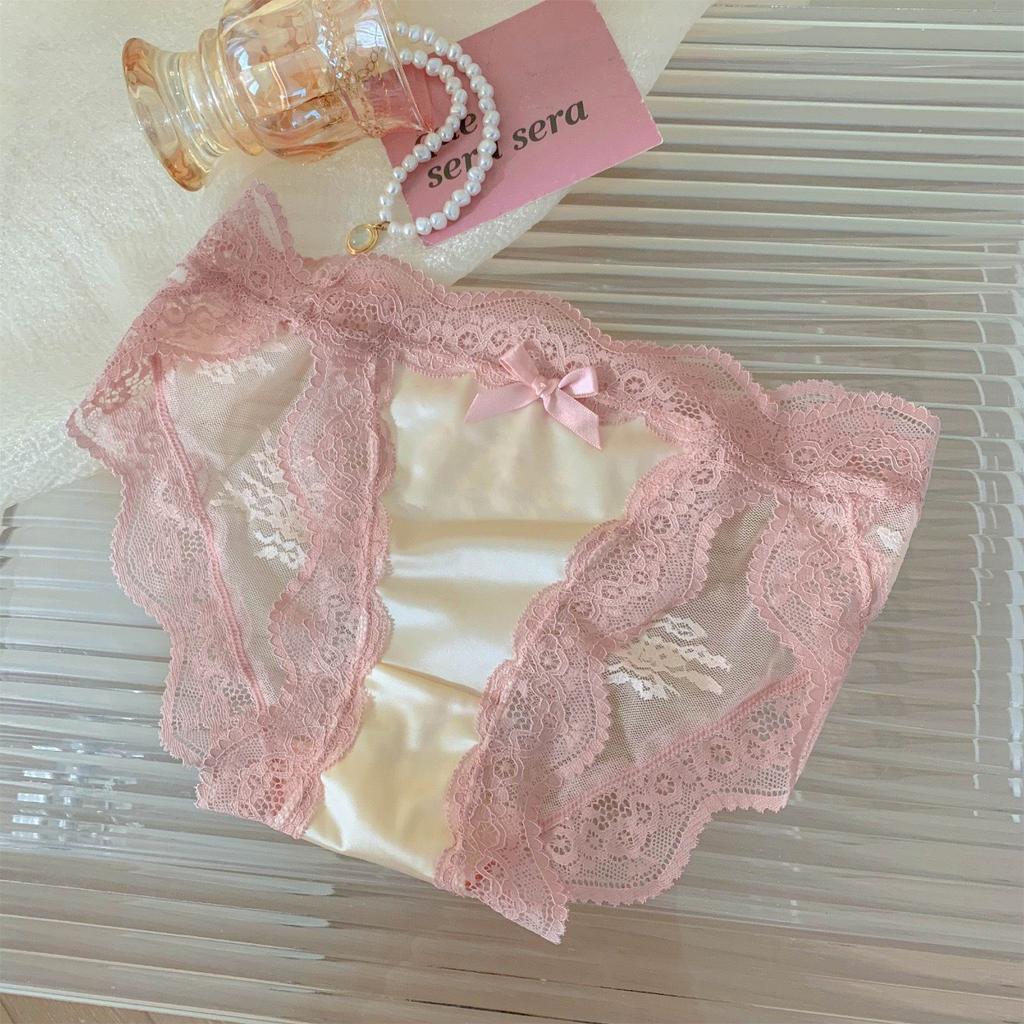 Girls Summer Sexy Lace High Split Satin Mesh Gauze Pure Breathable Cotton Crotch Low Waist Triangle Briefs