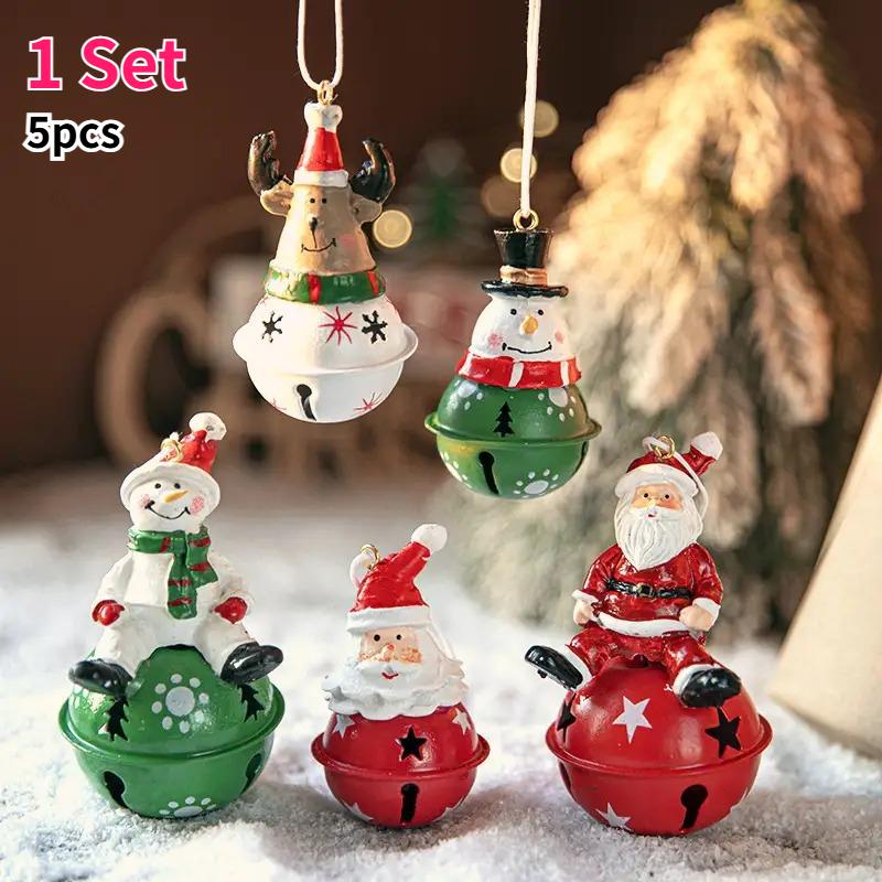 

5pcs Christmas Iron Bell Set Christmas Decorations Santa Claus Hanging Resin Ornament Bell and Reindeer Snowman Pendant for Tree