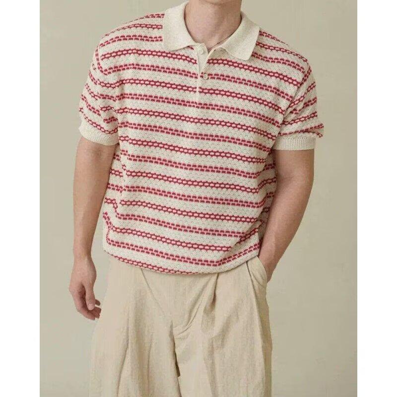 Mens Striped Knit Short Sleeve Polo Shirt M красный