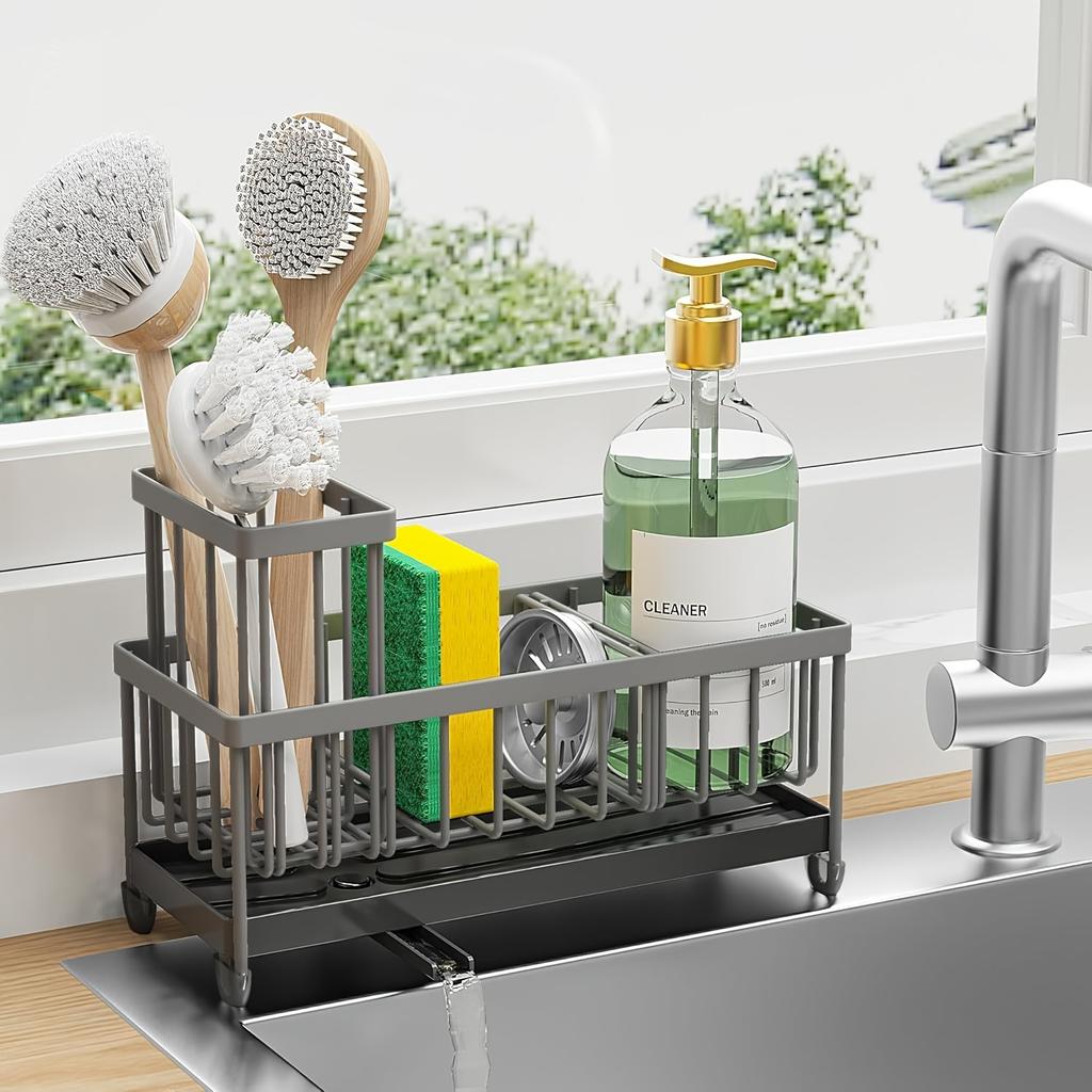 Kitchen Sink Sponge Holder, Self Draining Kitchen Sink Organizer, Sink Rack, Dish Brush Rag Soap Scrub Accessories