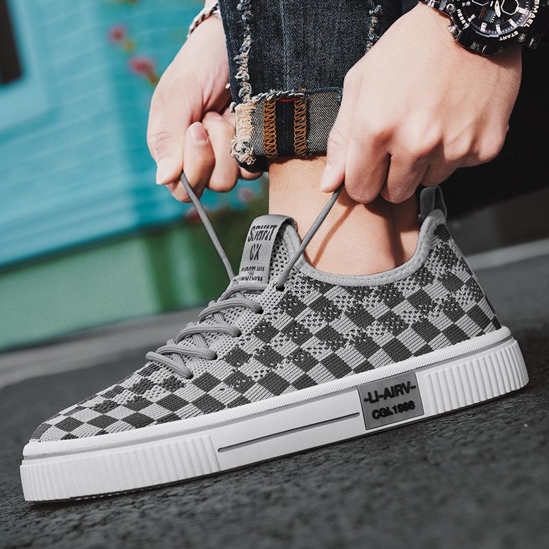 Spring New Men's Fashion All-match Breathable Flying Mesh Surface Sports Casual Plaid Board Shoes Anti-slip Wear