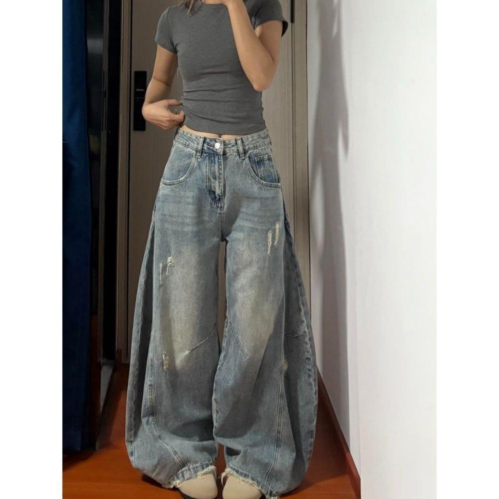 Women s High Waist Wide Leg Jeans Distressed Washed Casual Baggy Denim Pants Streetwear Trousers S