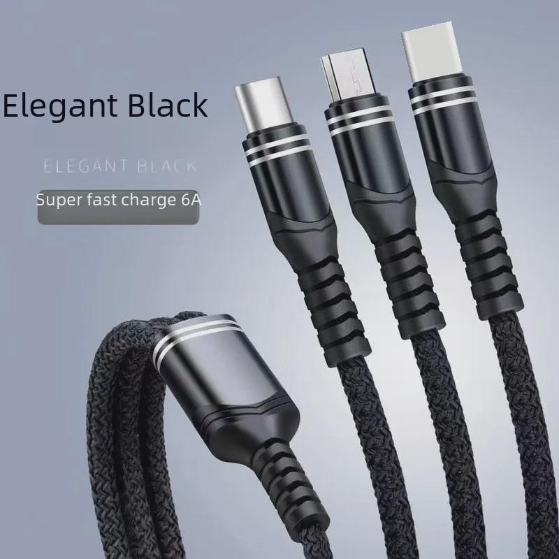 Neues geflochtenes 3-in-1-Datenkabel mit 6 A für superschnelles Laden für Android-, Typ-C- und Apple-Geräte