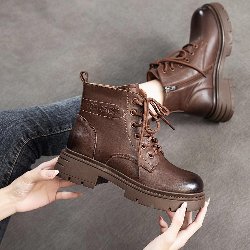 First Layer Cowhide Martin Boots Women's Autumn and Winter 2025 New Retro Lace-up Leather Versatile Rubber Short Boots Women's Boots