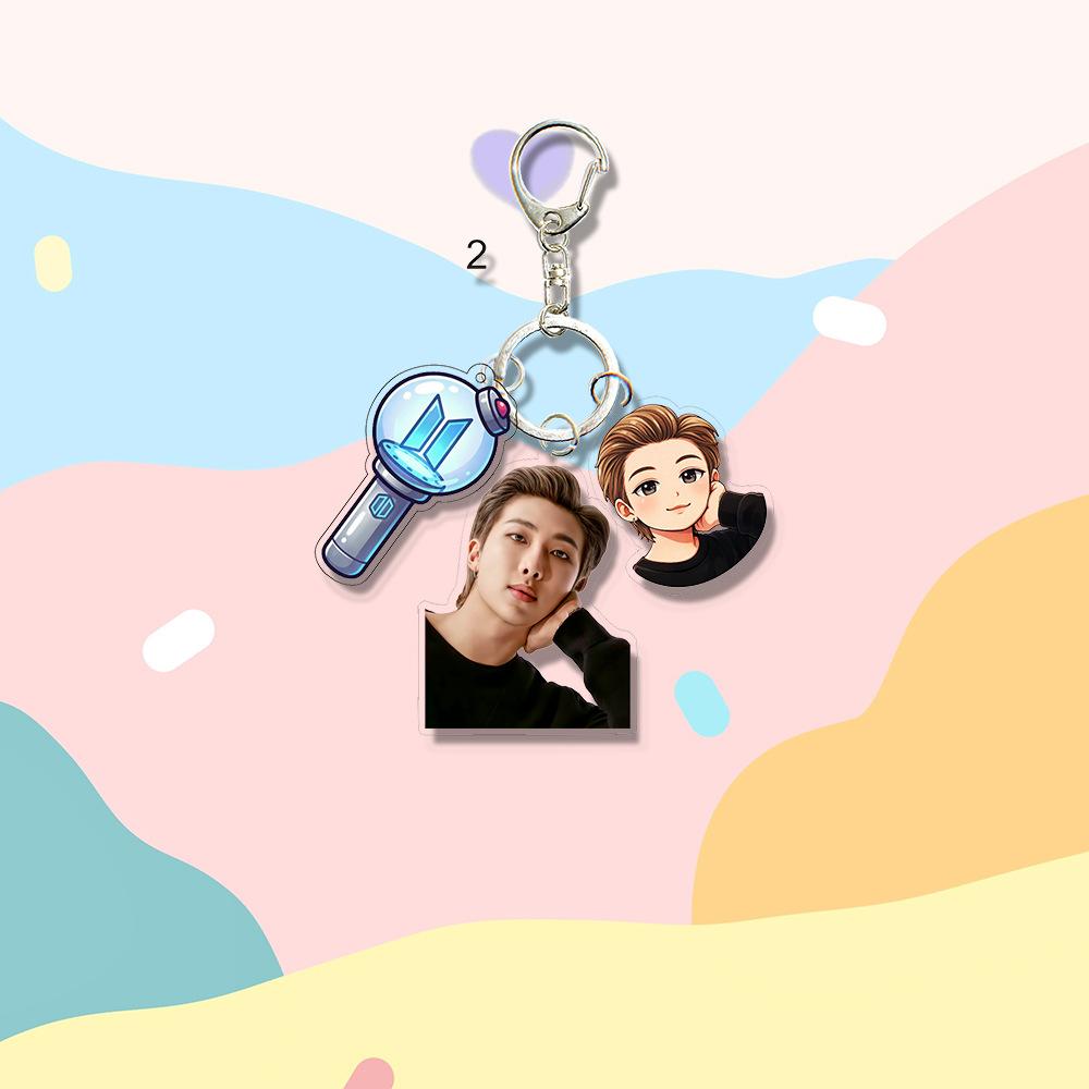 BTS Cute Triple Charm Acrylic Keychain, Bangtan Boys Real Photo, Cartoon Figure & Army Bomb Keyring, Kpop Idol Bag Pendant for ARMY Fans