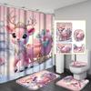 4Pcs Bathroom Shower Curtain Set  Pink Deer  Pattern Bathroom Curtain With 12 Hooks Non Slip Rugs Toilet Cover Mat Bathroom Partition