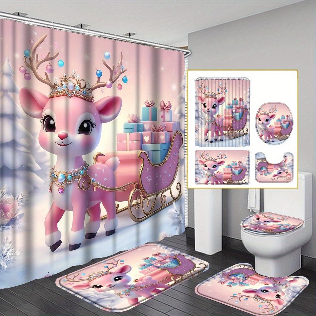 4Pcs Bathroom Shower Curtain Set Pink Deer Pattern Bathroom Curtain With 12 Hooks Non Slip Rugs Toilet Cover Mat Bathroom Partition