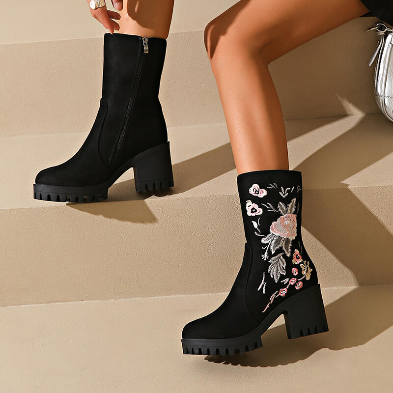 Fashion Luxury Embroidery Black Suede Ankle Boots Women 2025 Winter Floral Print High Heel Boots Brand Design Dress Shoes for Woman