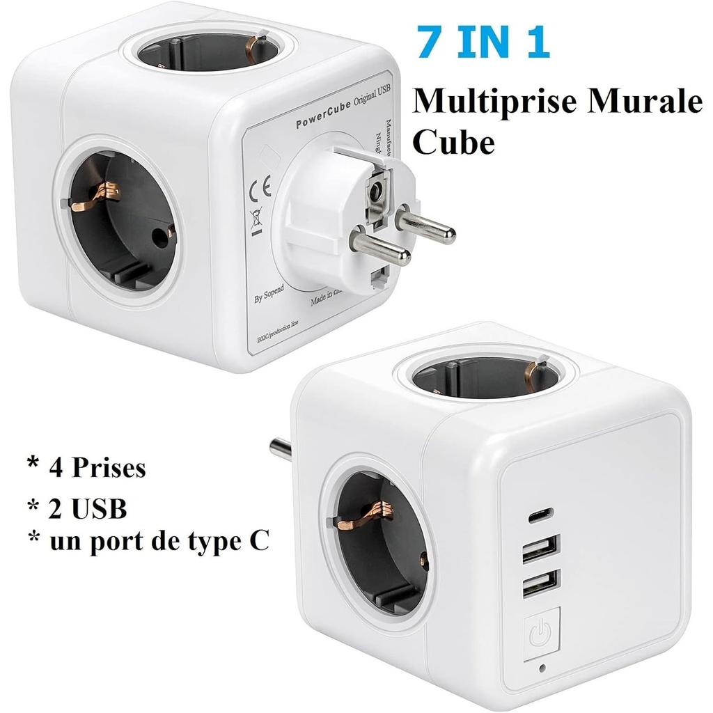 Multiple USB Socket, Wall Socket, Cube, 4 Sockets, with 3 USB Power Supply, 7-in-1 Power Strip USB Power Supply with Switch, Wall Socket