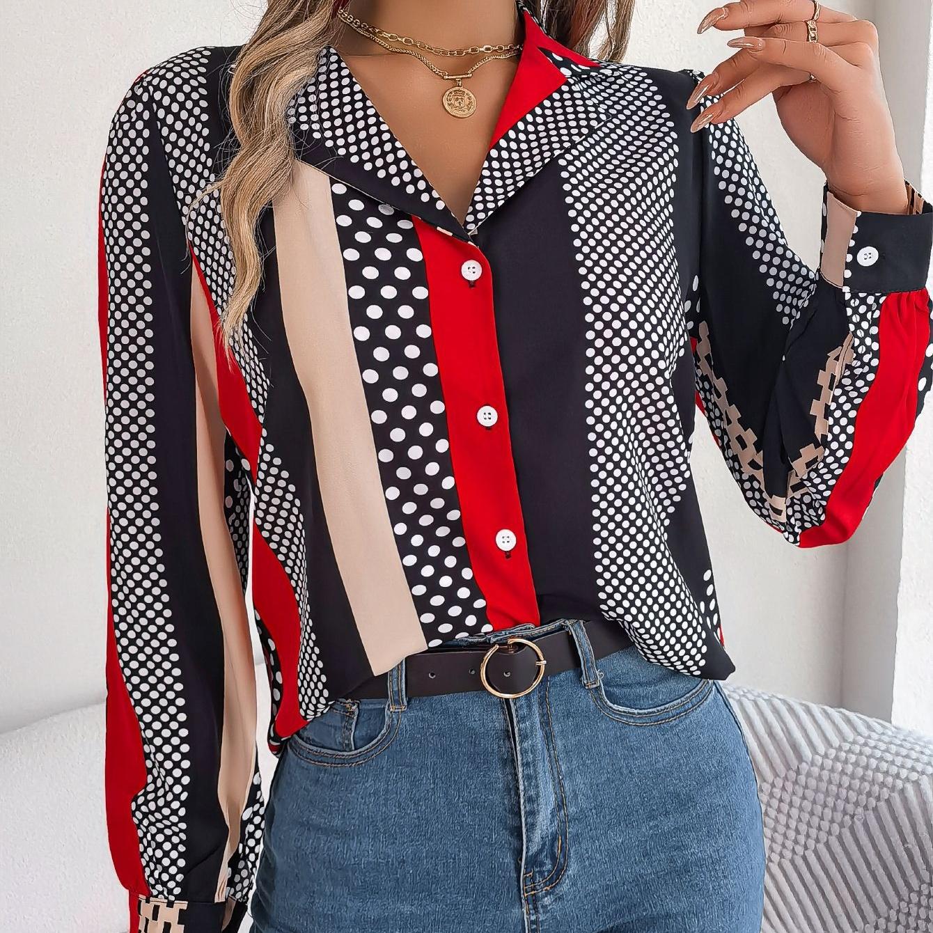 

GMXIA женская модная повседневная рубашка в горошек с длинными рукавами и воротником, блузки и рубашки, цветная рубашка в пригородном стиле M красный