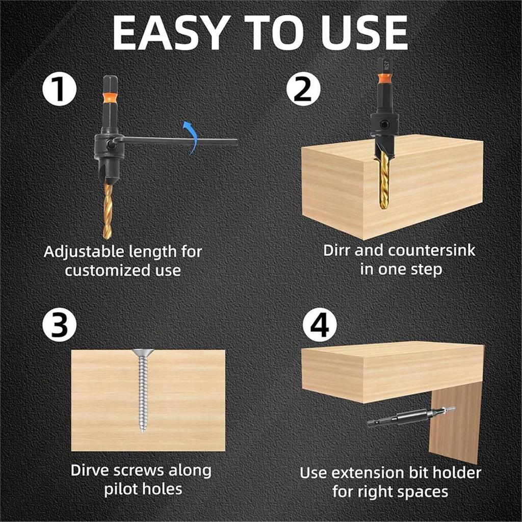 2026 New 12Pc HSS Adjustable Countersunk Drill Bits for Woodworking, Sizes 4, 6, 8, 10, 12, WithMagnetic Extension Drill Bit