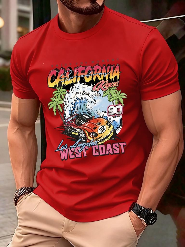 California West Coast Print Mens T Shirts Hip Hop AllMatch Tops Casual Cotton Vintage Clothes Male Loose Crewneck Streetwear